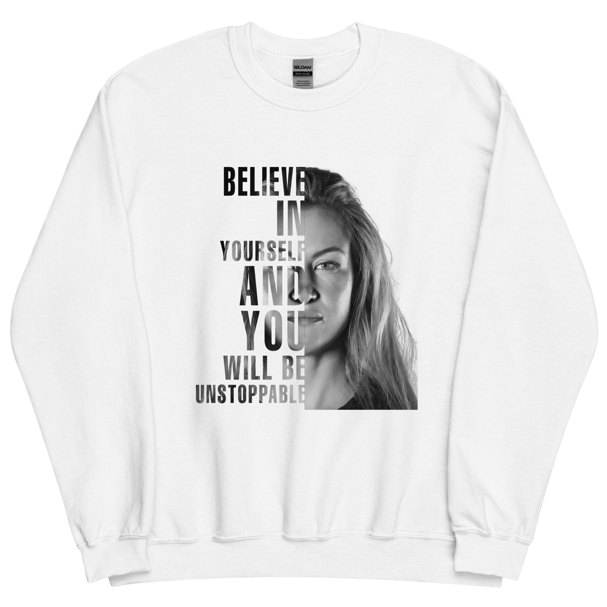Miesha Tate "Believe" Unisex Sweatshirt – 50% Cotton / 50% Polyester, Pre‑Shrunk, Classic Fit